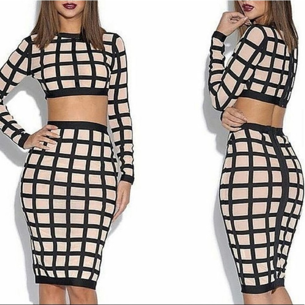 Checked Crop Top Skirt Set